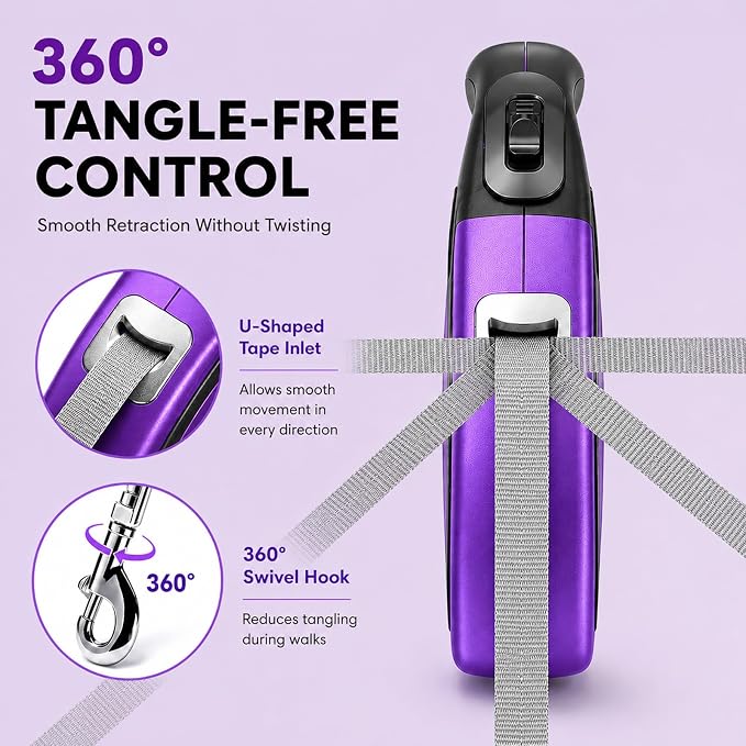 Heavy Duty Retractable Dog Leash-16ft Strong & Durable Walking Leash for S to L Dogs up to 45/115 lbs, Upgraded Lock System, Non Slip Grip, Tangle Free (Purple, Small/Medium) - Image 5