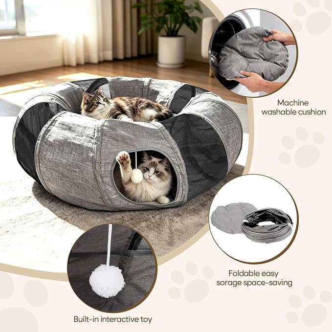 Ownpets Collapsible Cat Tunnel Toy - 2-in-1 Interactive Play Tunnel for Cat up to 18 lbs, Tear-Resistant Mesh, Fold to 2 Inches Thick, Portable Cat Exercise & Entertainment Tunnel, 12" Diameter, Grey - Image 6