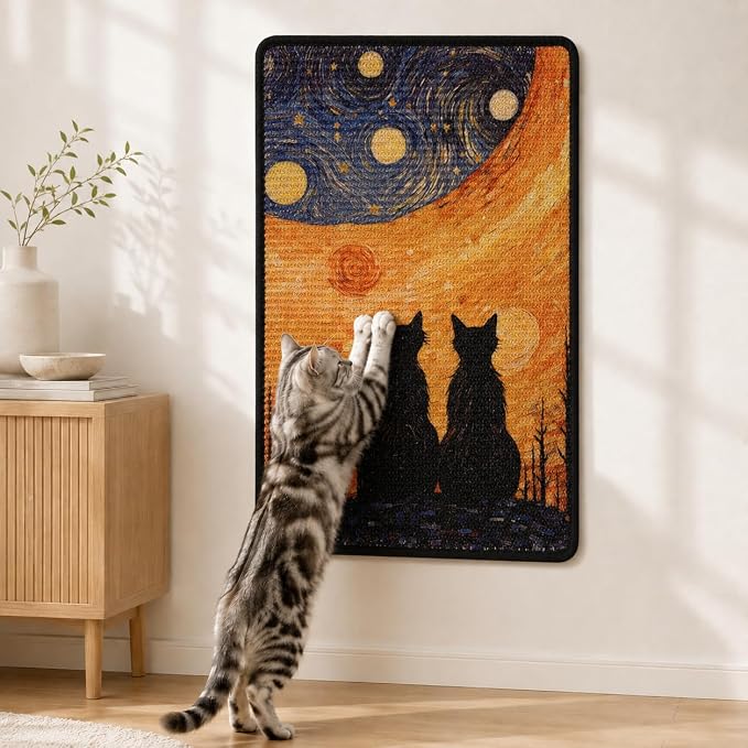 Art Sisal Cat Scratcher Mat, Cat Wall Scratchers for Indoor Cats | Wall Mounted Cat Scratcher, Natural Sisal, No-Drill Hook & Loop Setup, Wall or Floor Use, 23.6 x 15.7 Inch, StarryNight by LESISSMER