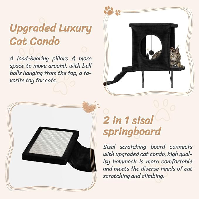 7-in-1 Cat Wall Shelves, Wall Mounted Climber Set | Cat Furniture with House, Tunnel, Bridge, Steps, Scratcher, Hammock, Shelves for Indoor, Black - Image 6