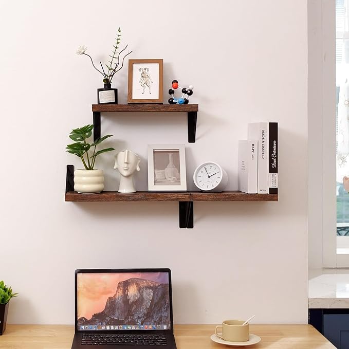 BAYKA Wall Shelves for Bedroom Decor, Floating Shelves for Wall, Display Mounted Rustic Wood Shelf for Books,Plants,Corner Shelves for Bathroom,Kitchen,Living Room(Rustic Brown,Set of 3) - Image 5