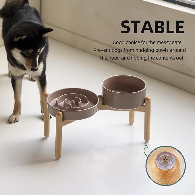 Havniva Elevated Slow Feeder Dog Bowls, Ceramic Dog Bowl Slow Feeder Set | 1.6 Cups Raised Slow Feeder Dog Bowl for Medium Breed, 7.3” Dog Water Bowl with Wooden Stand, Puzzle Dog Food Bowl, Non-slip - Image 7