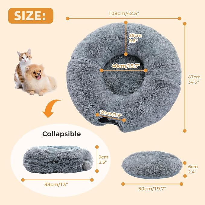 PAWZ Road Cat Tunnel Bed,Collapsible Cat Donut Tunnel with Soft Mat & Balls | 2 tunnels + soft mat form circle, with peephole & dangling balls. Plush, collapsible, Stores Easy. For small & large cats - Image 2