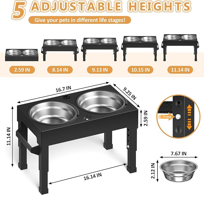 Elevated Dog Bowls Stand Large Breed, Height Adjustable Raised Dog Bowls Holder with 2 Stainless Steel Food Bowls for Small, Medium and Large Canine，Black - Image 6
