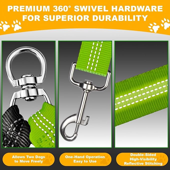 Double Dog Leash for Two Dogs, Professional No Tangle 360° Swivel Coupler with Shock Absorbing Bungee, Adjustable Length Dual-Sided Reflective Two Dogs Lead Splitter for Small Medium Large Dog - Image 3
