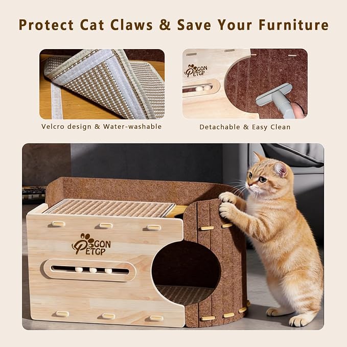 GONPETGP Large Cat Beds for Indoor Cats, Extra Wide Cat House Cave with Scratch Pad Wooden Play Ball, Foldable Felt Kittens Hideaway Condo for Multiple Small Pets - Image 7