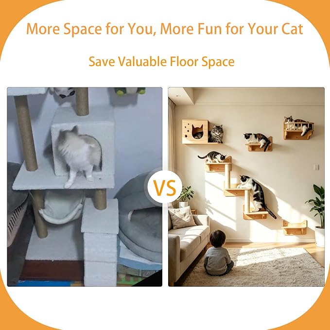 Cat Wall Shelves, 9-Piece Cat Wall Furniture for Large Cats | Solid pine wall mounted cat furniture with cat house, cat climbing shelves, ladder and sisal scratching posts for indoor cats - Image 5