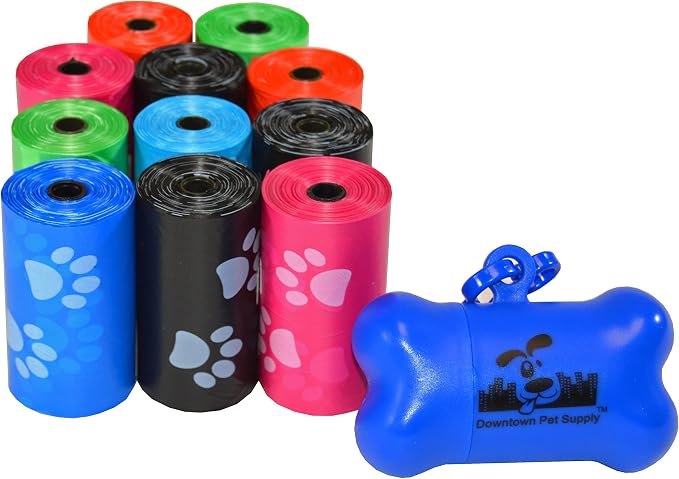 Downtown Pet Supply Poop Bags for Dogs with Dispenser, 220 Count - Leak-Proof Dog Waste Bags and Bone-Shaped Dog Poop Bags Holder for Leash - Rainbow with Paw Prints, 12.5" x 8.5" by DowntownPetSupply