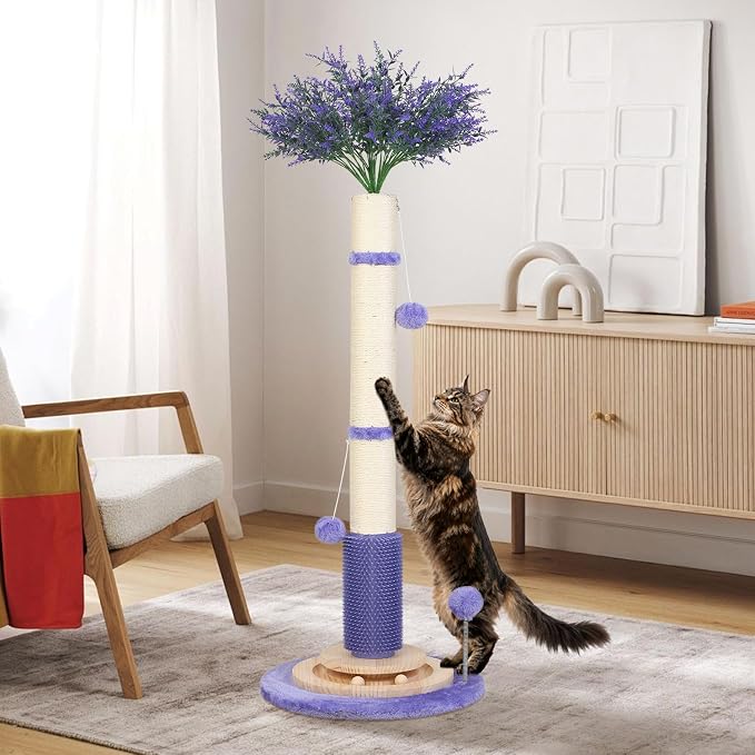 45" Tall Cat Scratching Post for Large,Heavy Duty Scratcher Tree | Solid Wood Base,3.5" Sisal Post,Hanging Ball Toy,Self-Grooming Brush,Interactive Ball Track,Stylish Decor for Any Home - Image 8