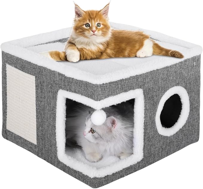 Cat Beds for Indoor Cats, Large Cat Cave with Fluffy Ball and Scratch Pad, Foldable Cat Scratch House with Hideaway Condo for Kitten, Grey by Unknown