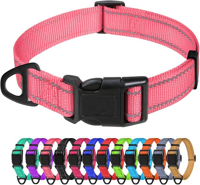 TagME Large Dog Collar, Reflective Nylon Collar, Baby Pink, 1.0" Width | Soft Nylon Dog Collar With Reflective Stitching for Night Walks, Adjustable Fit, Quick-Release Buckle for Easy On & Off by TagME