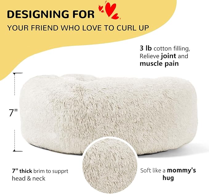 HACHIKITTY Calming Donut Cuddler Dog Bed, Round Fluffy Pet Bed for Large Dogs,Washable, Large, White, 30'' - Image 2