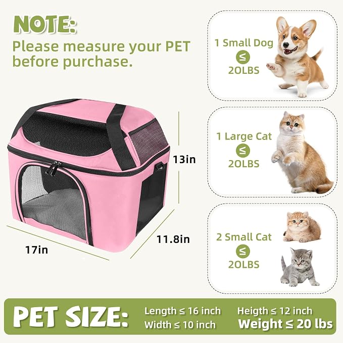 Soft Cat Carrier Up to 20 Lbs, Washable Pet Travel Bag for Kitten Puppy | Breathable Mesh, Medium to Big Pets Small Dog,Soft-sided Cloth Animal Crate for Car Travel Carrying, Safe for Vet Visit,Pink - Image 2