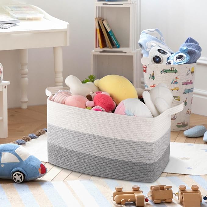 OIAHOMY Rectangle Woven Storage Basket - Nursery Cotton Rope Baskets for Storage, Toy Basket Organizing for Living Room, 17.7"x13.8"x11"- Pack of 3 - Gradient Gray - Image 5