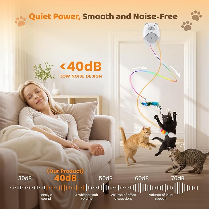 Interactive Cat Toys for Indoor Cats, Automatic Rechargeable Hanging Feather Wand with Flying Motion, 4 Packs Replaceable Accessories, Exercise Enrichment Toy for Cats, Long-Lasting USB Charging - Image 5