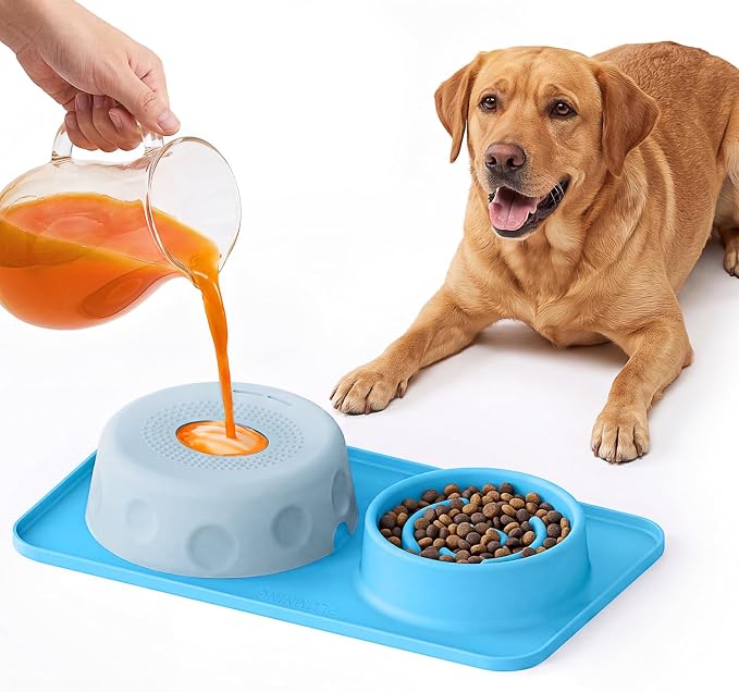 2-in-1 Slow Feeder Dog Bowls & Lick and Roll Bowl for Medium/Large Dogs | Rolling Lick Ball for Wet Food & Slow Feeder Bowl for Dry Kibble, Non-Slip Silicone Mat, BPA-Free, for Dogs Up to 150 lbs by PLUMNING
