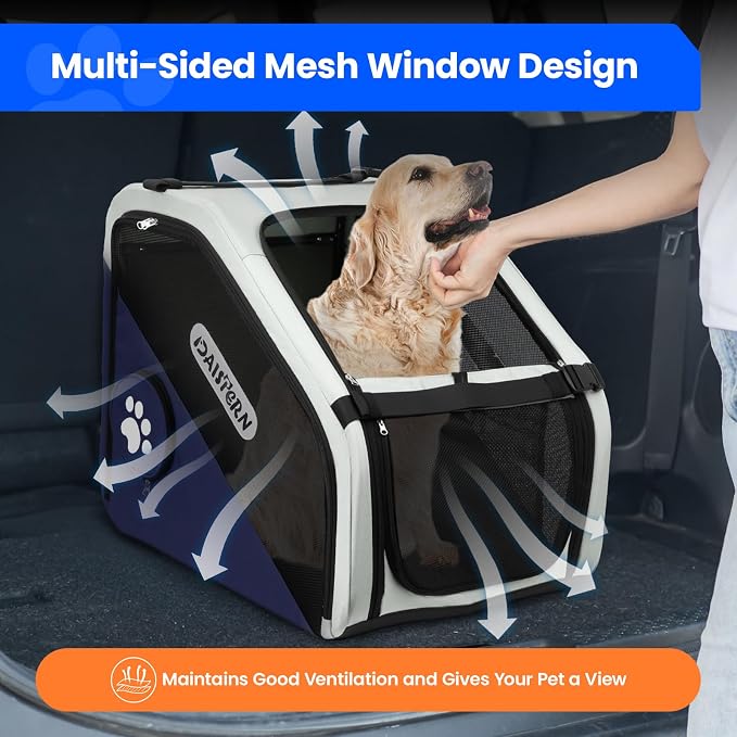Collapsible Car Travel Crate for Small and Medium Dogs | 360° Air Flow, Heavy-Duty Metal Frame, Mesh Windows, Feeding/Comfort Access for Backseat - Image 4
