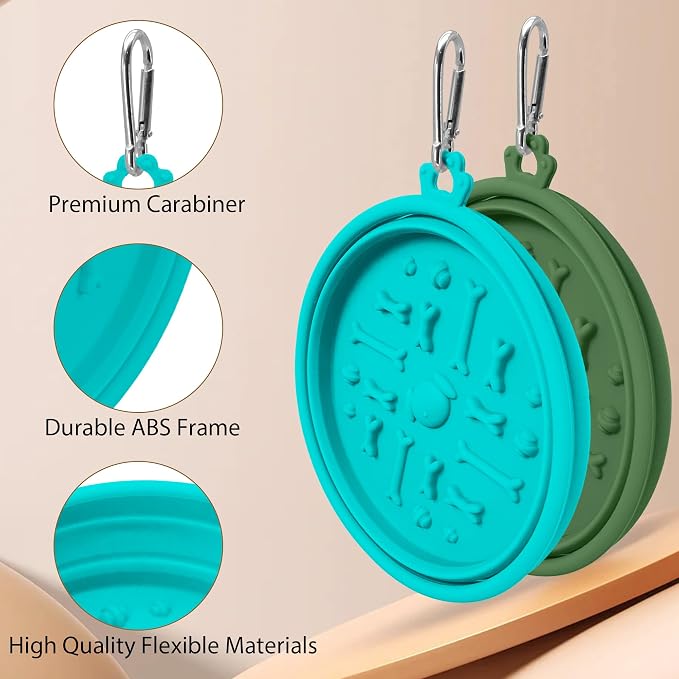 2-Pack Collapsible Dog Bowls with Suction Cups & Scraper - 16oz Travel Pet Bowls for Food/Water, Non-Slip Feeding Dish for Dogs, Includes Carabiner Clip Cyan-Olive Green - Image 3