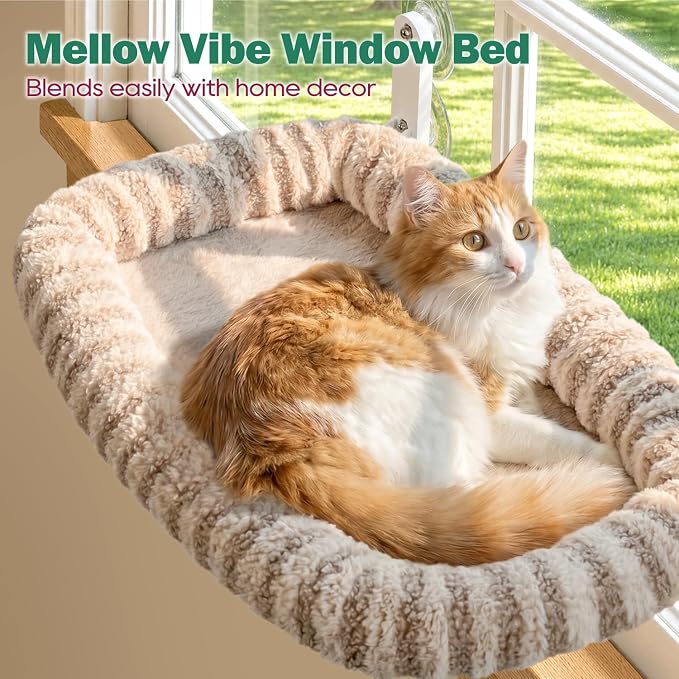 Zakkart Mellow Foldable Cat Window Perch, Upgraded Suction Cups (Brown, M) | Curtain-Friendly, Dual-Fabric Striped Machine Washable Bed, Heavy Duty ABS & Metal Frame, Hold up to 40 lbs., 22.8"W x 15.5"D - Image 2