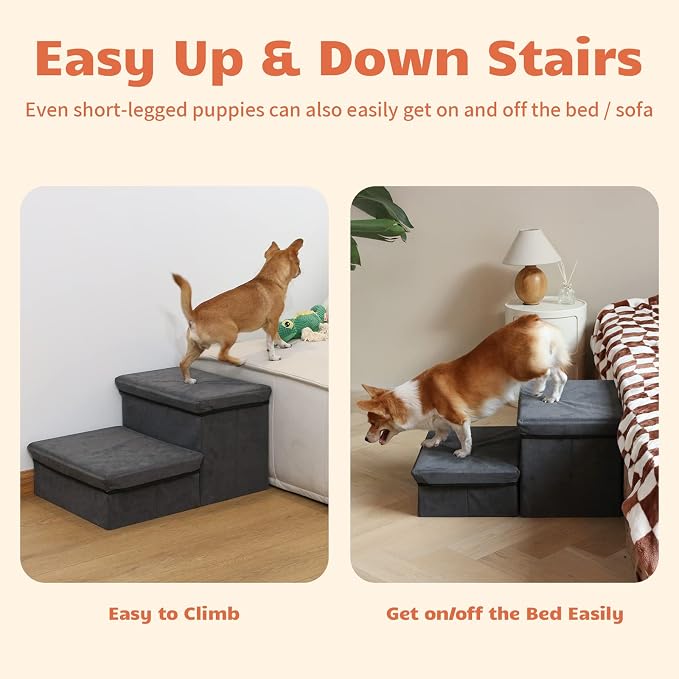 Foldable Dog Stairs with Storage | 2-Step Non-Slip Pet Steps for High Beds and Couch, Hidden Storage Dog Ladder for Small & Medium Dogs, Cats, Grey - Image 4