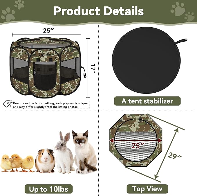 Siedihit Playpen for Small Dog Cat, Dogs Tent Crate Cage Indoor | Outdoor, Portable Pop Up Dog Kennel with Carrying Bag for Rabbits (Green Camo, Small) - Image 3