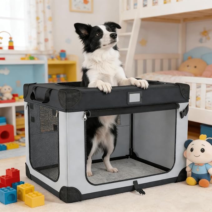 36 Inch Collapsible Travel Dog Crate Black&White with Sturdy Metal Frame | Waterproof and Easy to Clean，Home & Car Use，Soft Blanket and Foldable Bowl,Storage Bag,Signature Card,Portable for Camping - Image 7
