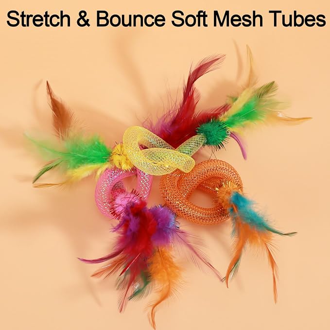 Interactive Cat Toys with Feather, Colorful, 3 Pcs | Stretchable Mesh Tubes, Bell Inside, Catnip Inside, Interactive Play String for Cats and Kittens, Cat Nip Chew Toy - Image 8