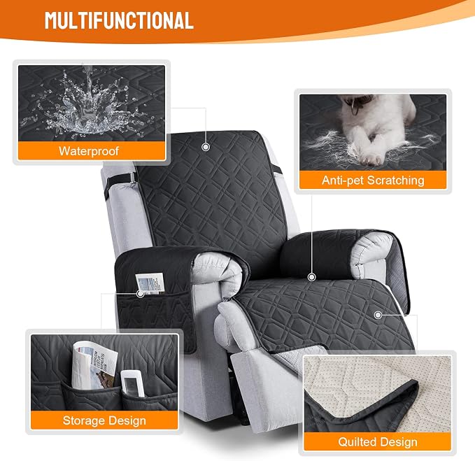 VANSOFY 100% Waterproof Recliner Chair Covers Washable, Black, 28" | Non-Slip, Slipcover with Pocket, Furniture Protector, Elastic Straps, Chair Cover for Pets, Dogs - Image 4