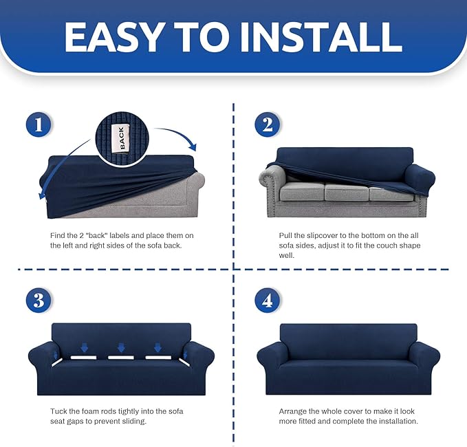 KEKUOU Stretch Oversized Couch Covers for Sofa Slipcover,Navy Blue | 1-Piece Washable Sofa Cover (94"-110") 4-Seater Furniture Protector, Soft Jacquard Non-Slip Elastic Bottom for Dogs & Kids - Image 5