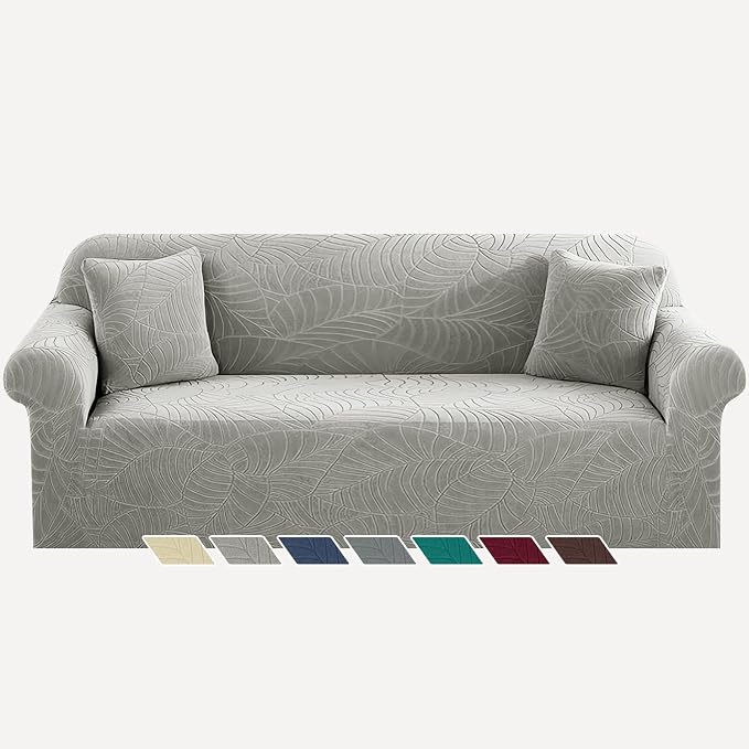 YEMYHOM Couch Cover Latest Jacquard Design High Stretch Extra Large Sofa Covers Pet Dog Cat Proof Oversized Slipcover Non Slip Magic Elastic Furniture Protector (X-Large, Begonia Leaf Light Gray) by YEMYHOM