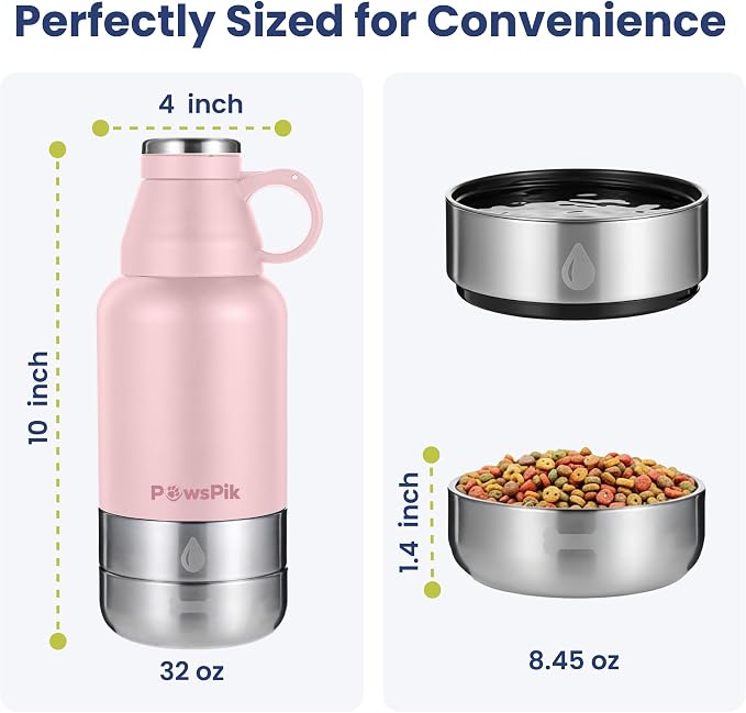 PawsPik 3-in-1 Travel Dog Water Bottle & Bowl Set, 32oz, Pink | Stainless Steel Vacuum-Insulated Bottle with Detachable Food & Water Bowls, Leak-Proof, Keeps Water Cold 12hrs/Hot 6hrs - Image 6