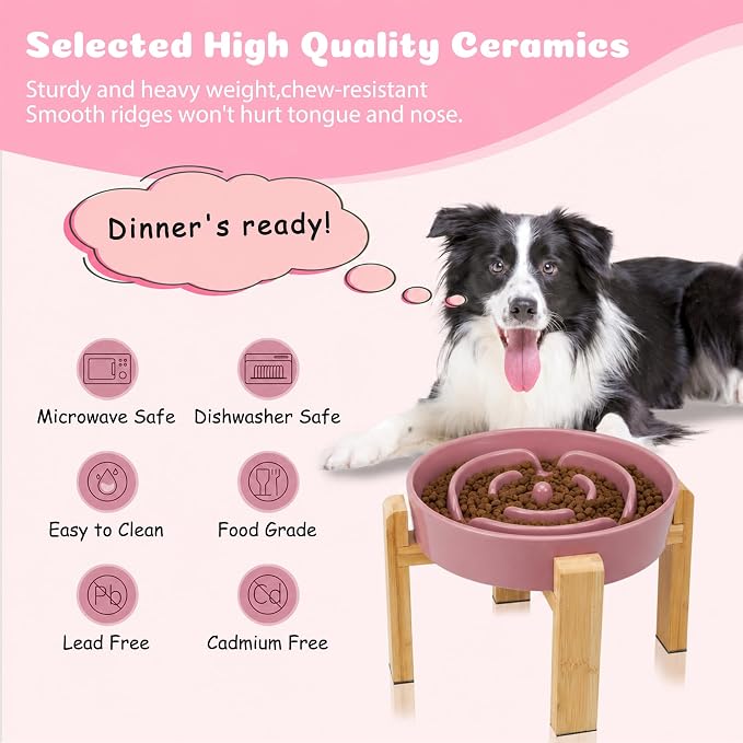 Elevated Slow Feeder Dog Bowl, 8.8" Ceramic Maze Dog Bowl with Stand | 3.2 Cups Slow Feeding Dog Dish for Fast Eaters, 7" Tall Anti-Slip Raised Slow Feeder for Medium to Large Breeds, Pink - Image 4