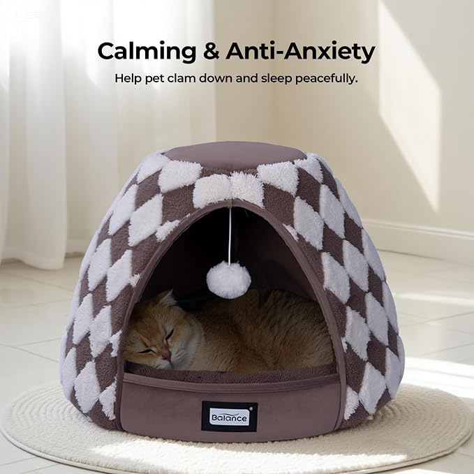 BALANCE Cat Beds for Indoor Cats, 2-in-1 Cat Bed Cave with Anti-Slip Bottom and Ultra-Soft Plush, Cozy Cats House Tent for Kittens and Small Dogs, 19 Inches, Dark Brown - Image 3