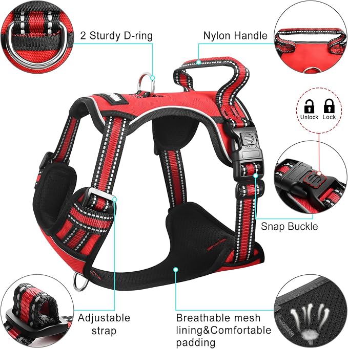 Dog Harness No Pull, Pet Harnesses with Dog Collar, Adjustable Reflective Oxford Outdoor Vest, Front/Back Leash Clips for Small, Medium, Large, Extra Large Dogs, Easy Control Handle for Walking - Image 4