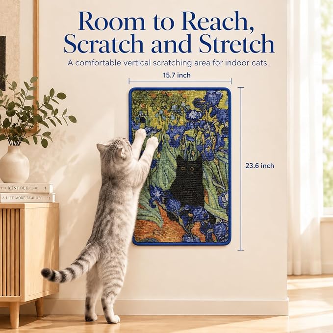 Art Sisal Cat Scratcher Mat, Cat Wall Scratchers for Indoor Cats | Wall Mounted Cat Scratcher, Natural Sisal, No-Drill Hook & Loop Setup, Floor or Wall Use, 23.6 x 15.7 Inch, Irises - Image 2