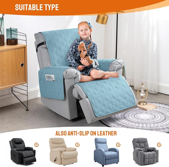 VANSOFY 100% Waterproof Recliner Chair Covers, Recliner Cover Non-Slip Dog Chair Cover Furniture Protector Washable Slipcover with Pocket, Elastic Straps for Pets, Dogs(Azuree, 20") - Image 5