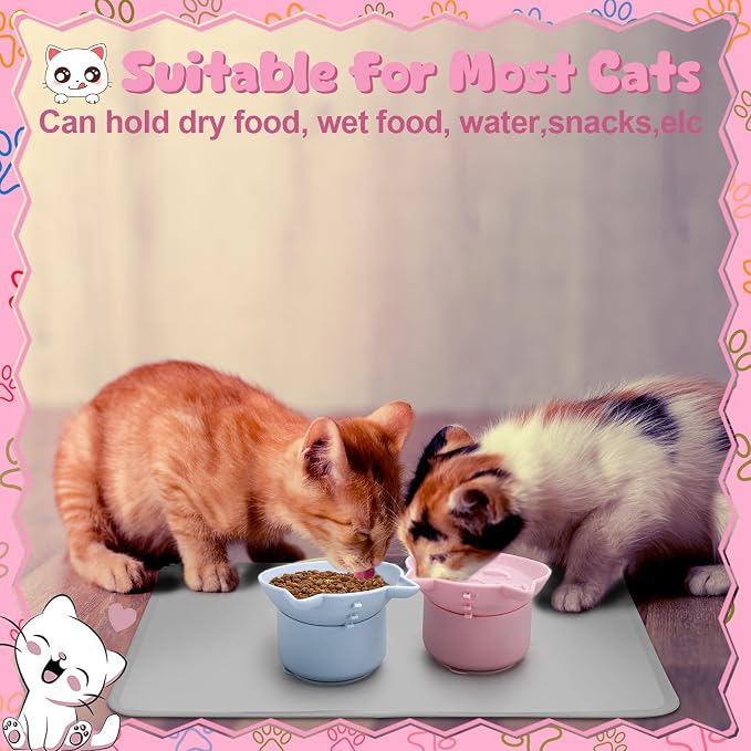 2 Pack Slow Feeder Cat Bowls Silicone Tilted Raised Pet Bowl | Non Slip Base for Digestion Anti Vomit, Pink, Blue - Image 2