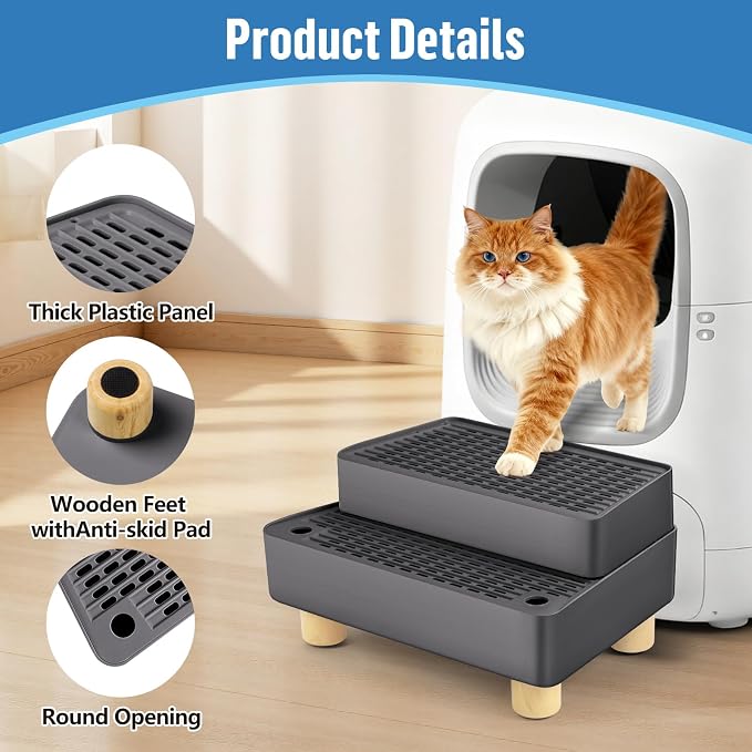Extra Large 2 Steps Cat Litter Box Step Ramp, Cat Litter Catcher Mat with Wooden Feet, Filter Function, Cat's Pedal Stool for Self-Cleaning Litter, Suitable Kitten & Elderly Cats (Dark Grey) - Image 4