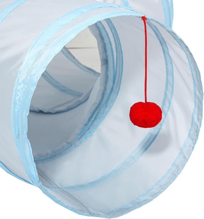 Tempcore Cat Tunnel for Indoor Cats, 3 Way Collapsible Pet Play Tunnel with Teaser Wand, Peek Holes & Hanging Ball, Interactive Tube for Kittens & Rabbits, Light Grey&Blue - Image 6