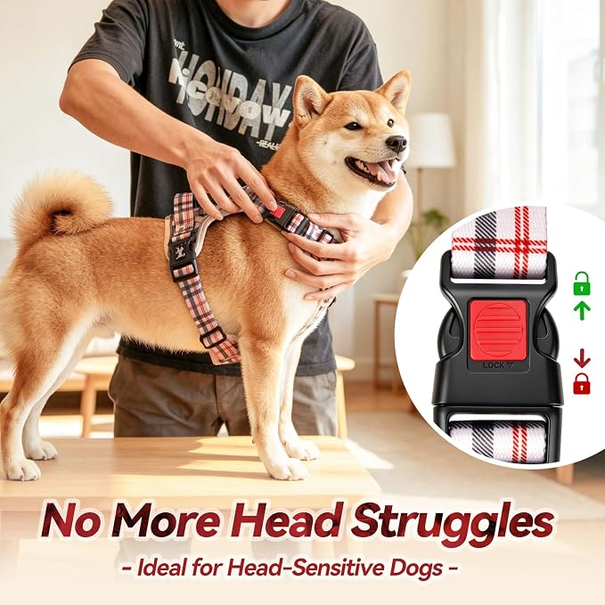 PoyPet Plaid Dog Harness Large, No Pull Vest with Front Clip & Neck Buckle | Padded Handle, Reflective, No Choke, Lockable, 2 Leash Rings, Full Adjustable, for Training Walking, XL, Checkered Beige - Image 2