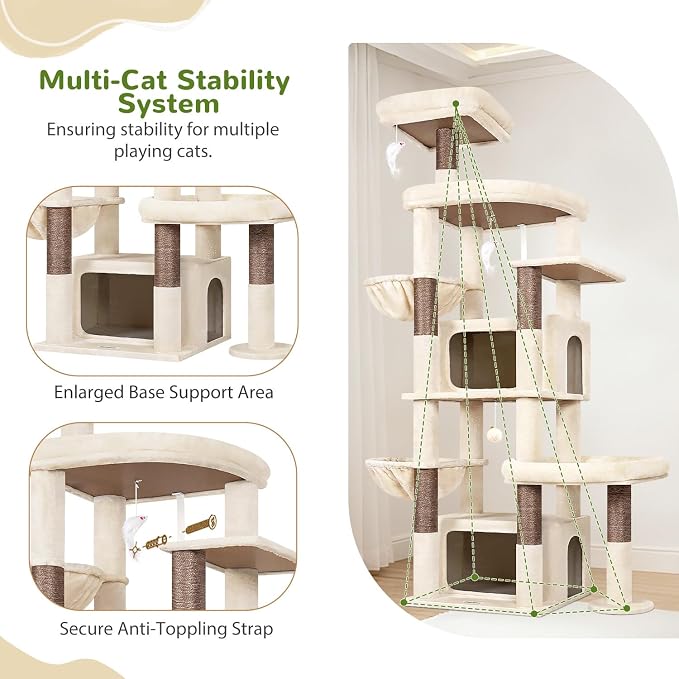 Globlazer 75in Sturdy Cat Tree Tower for Indoor Large Cats, S75, Beige | Multi-Level Heavy Duty Cat Tower with Scratching Post, Oversized Condos & Perches for Big Cats, Large Baskets, Enlarged Base - Image 5