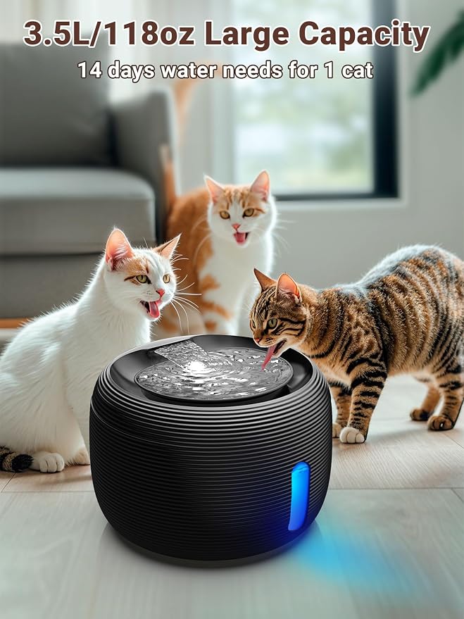 Kastty 3.5L/118oz Large Capacity Cat Water Fountain for Cats Indoor FS77 | Ultra Quiet Pet Water Fountains Water Level LED Light Multi-Filtration BPA-Free, Automatic Cat Fountain Easy Cleaning (Black) - Image 2