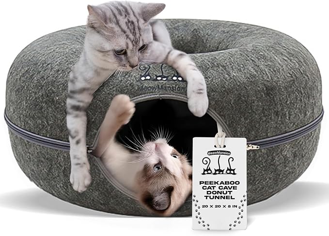 MeowMansion - Indoor Cat Tunnel Bed - Scratch Resistant Peekaboo Cave Donut Shape - Multifunctional Playground, Caves, Toys (Grey) by XWIDE