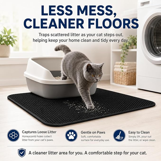 Cat Litter Mat 24 x 18 Inch, Double-Layer Honeycomb Litter Trapping Mat with Waterproof Leatherette Bottom, Urine-Resistant, Non-Slip, Easy to Clean, （Black） - Image 7