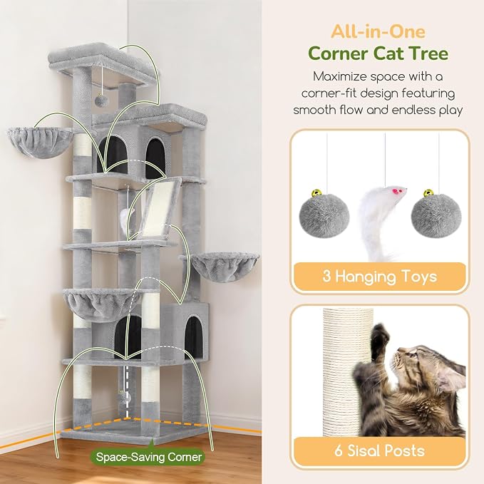 Globlazer 80in Extra Large Tall Corner Cat Tree Tower, S80G, Light Grey | Multi-Level Cat Condo for Multiple Indoor Cats Large Adult Kittens, Scratching Posts, Widened Perches, Adjustable Baskets - Image 5