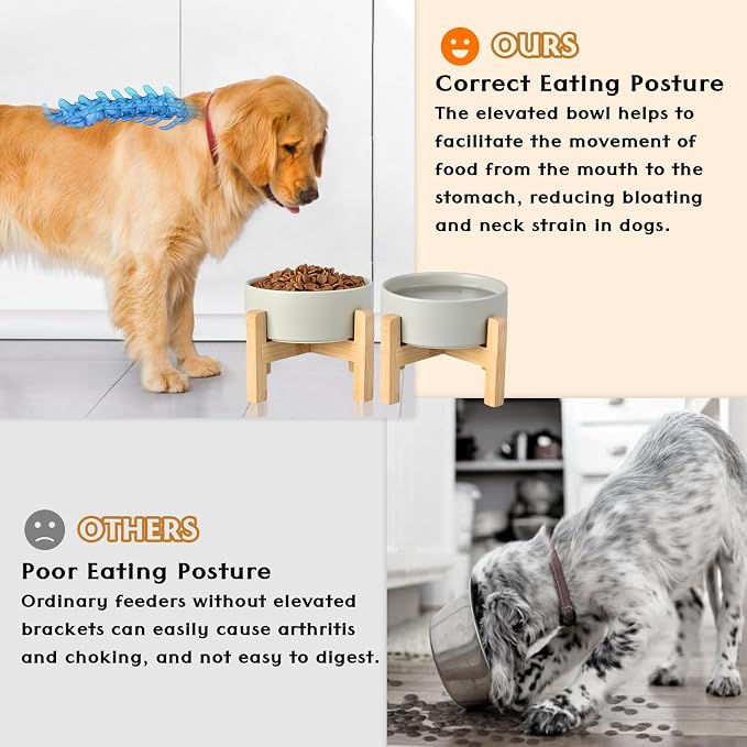 SPUNKYJUNKY Ceramic Elevated Dog Bowls 2 Pack - 5.1inch Raised Dog Bowls with Non-Slip Wooden Stand for Small Dogs Dishwasher Safe(Grey,13.5OZ*2) - Image 3