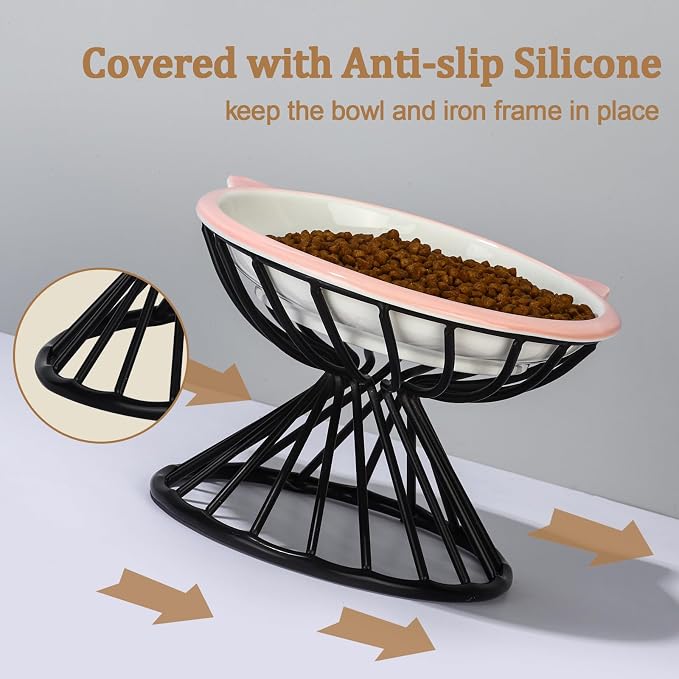 Elevated Cat Bowls,6.3" Wide Raised Ceramic Cat Food Bowl with Anti-Slip Metal Stand for Indoor Cats,Whisker Friendly,Protect Pet's Spine Pet Food Dishes for Flat Faced Cats and Kitten (Pink) - Image 4