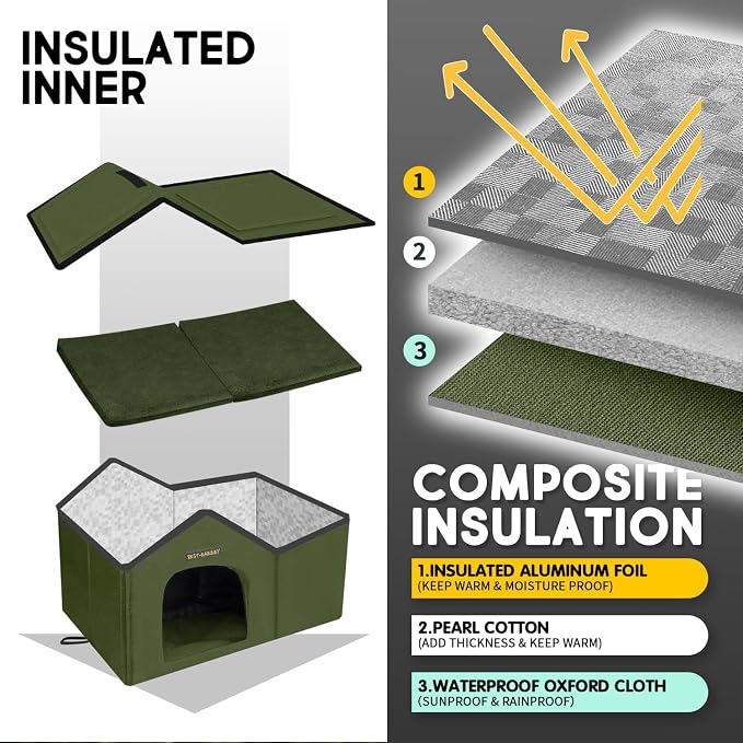 Outdoor Cat House for Feral Cats,Weatherproof & Insulated | Self-warming & waterproof insulated, with mat and canopy, sturdy support, easy assembly, winter shelter for feral cats, green - Image 4
