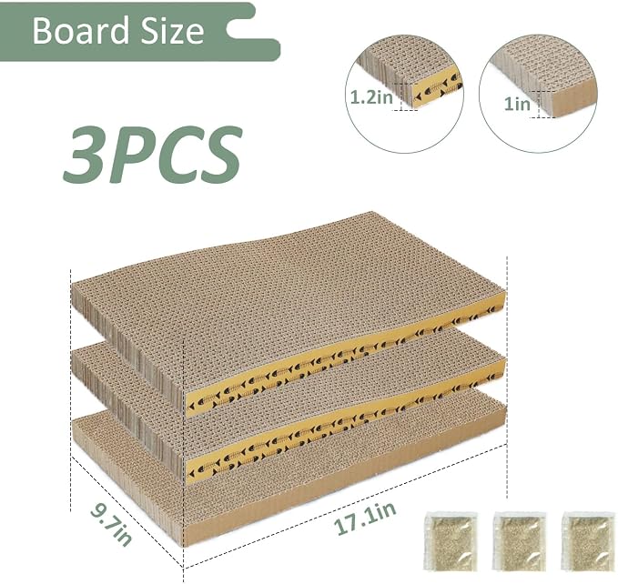 MECOOL Cat Scratching Board，3PC Scratch Pad with Box，Reversible Corrugated Scratcher Cardboard and Lounge Bed for Indoor Cats, Catnip - Image 2