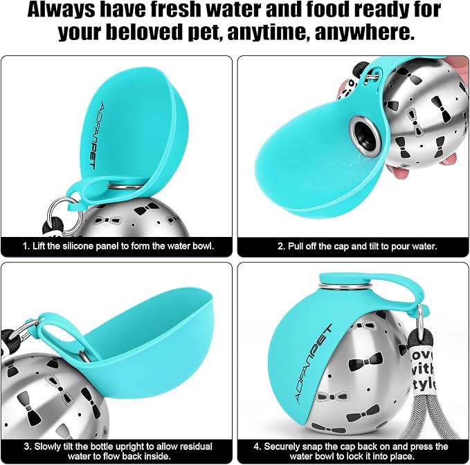 Portable Dog Water Bottle 10oz Stainless Steel Travel Dog Water Dispenser with Bowl No-Spill Puppy Water Bottle for Walking Hiking Small Dog Water Bottle (Blue Bow Print) - Image 3